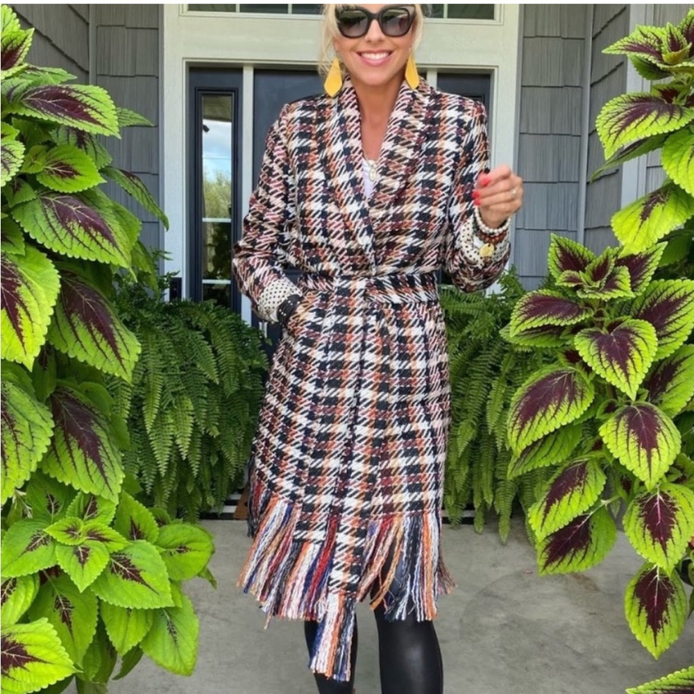 Cabi Regency Coat Tweed Fringe Belted Wool Noble Plaid Herringbone Wrap Coat M